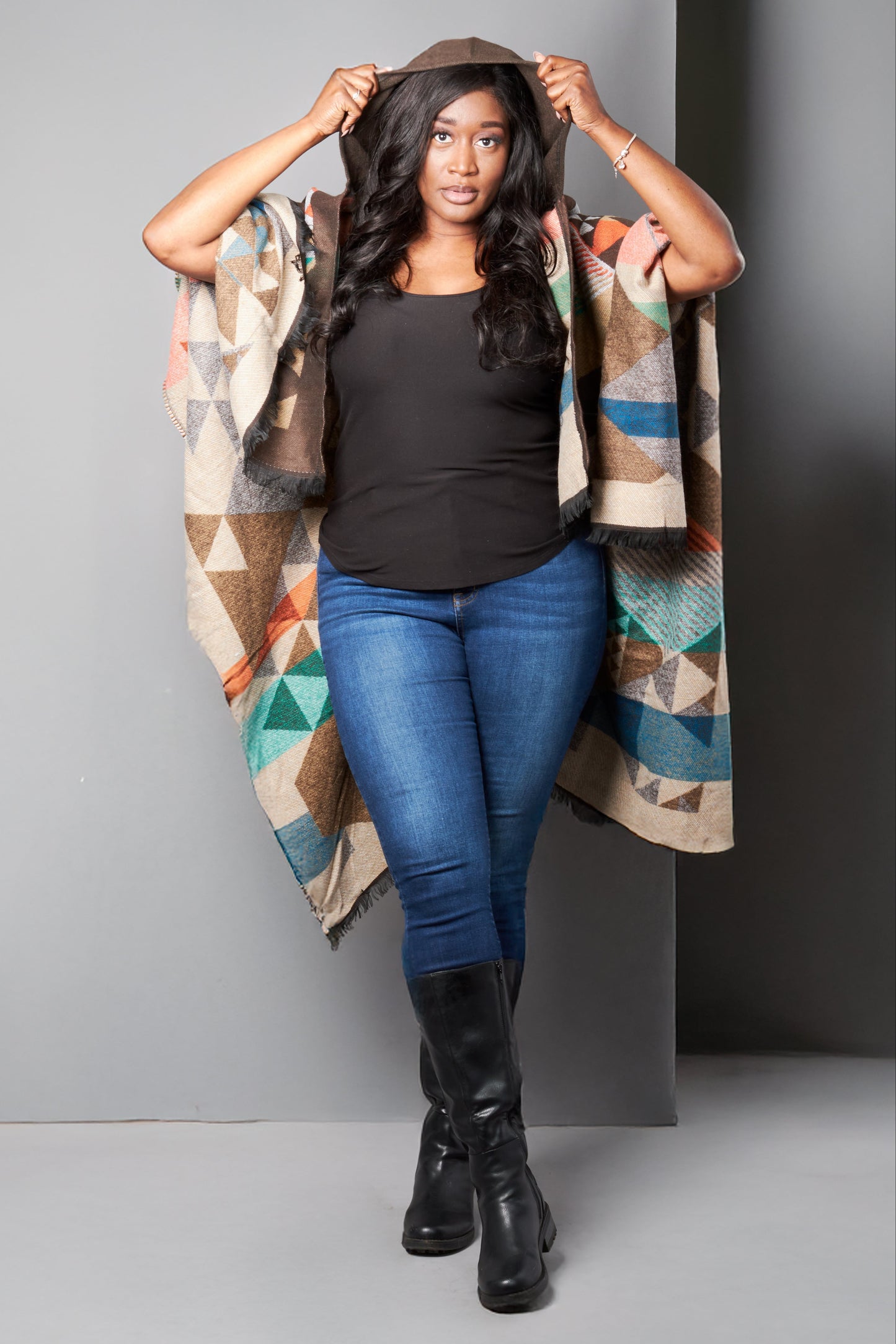 Hooded Earth-Colored Poncho Cardigan