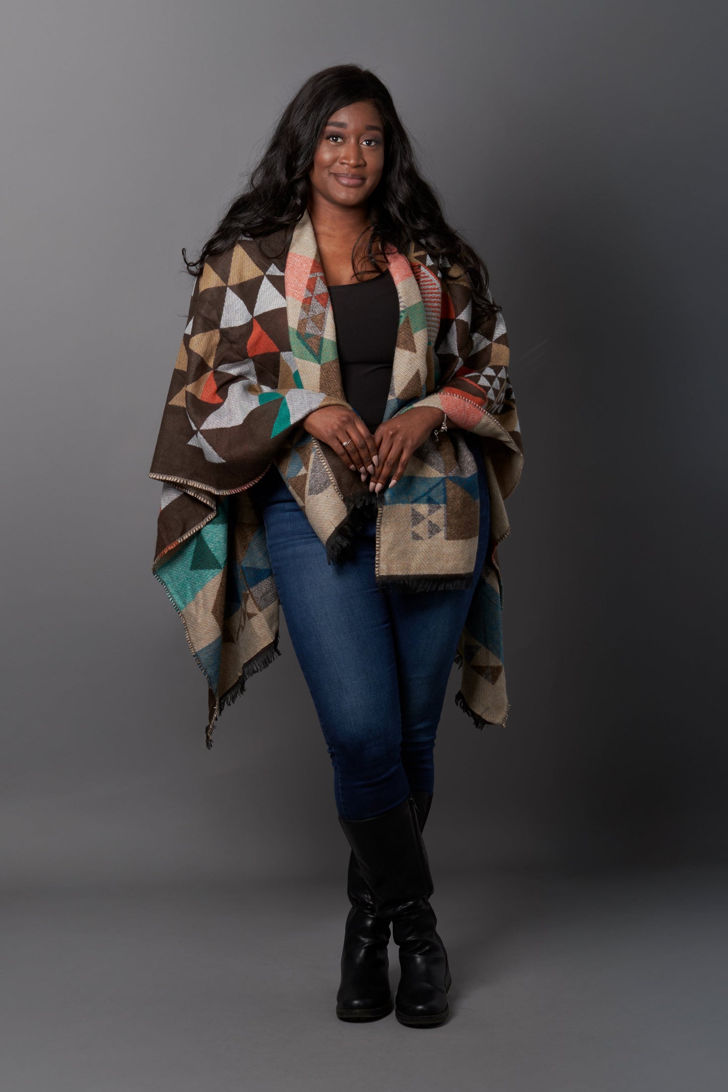 Hooded Earth-Colored Poncho Cardigan