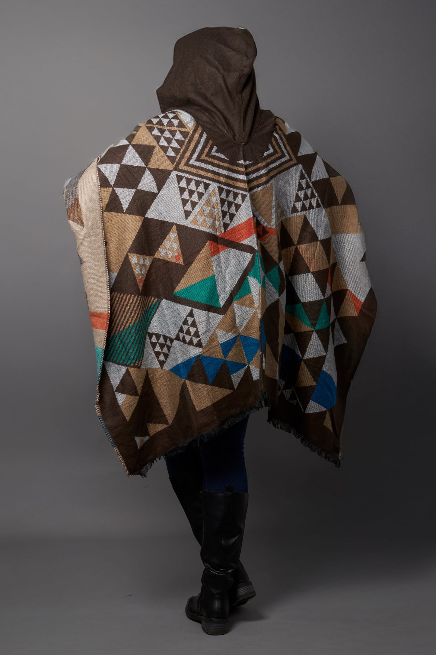Hooded Earth-Colored Poncho Cardigan