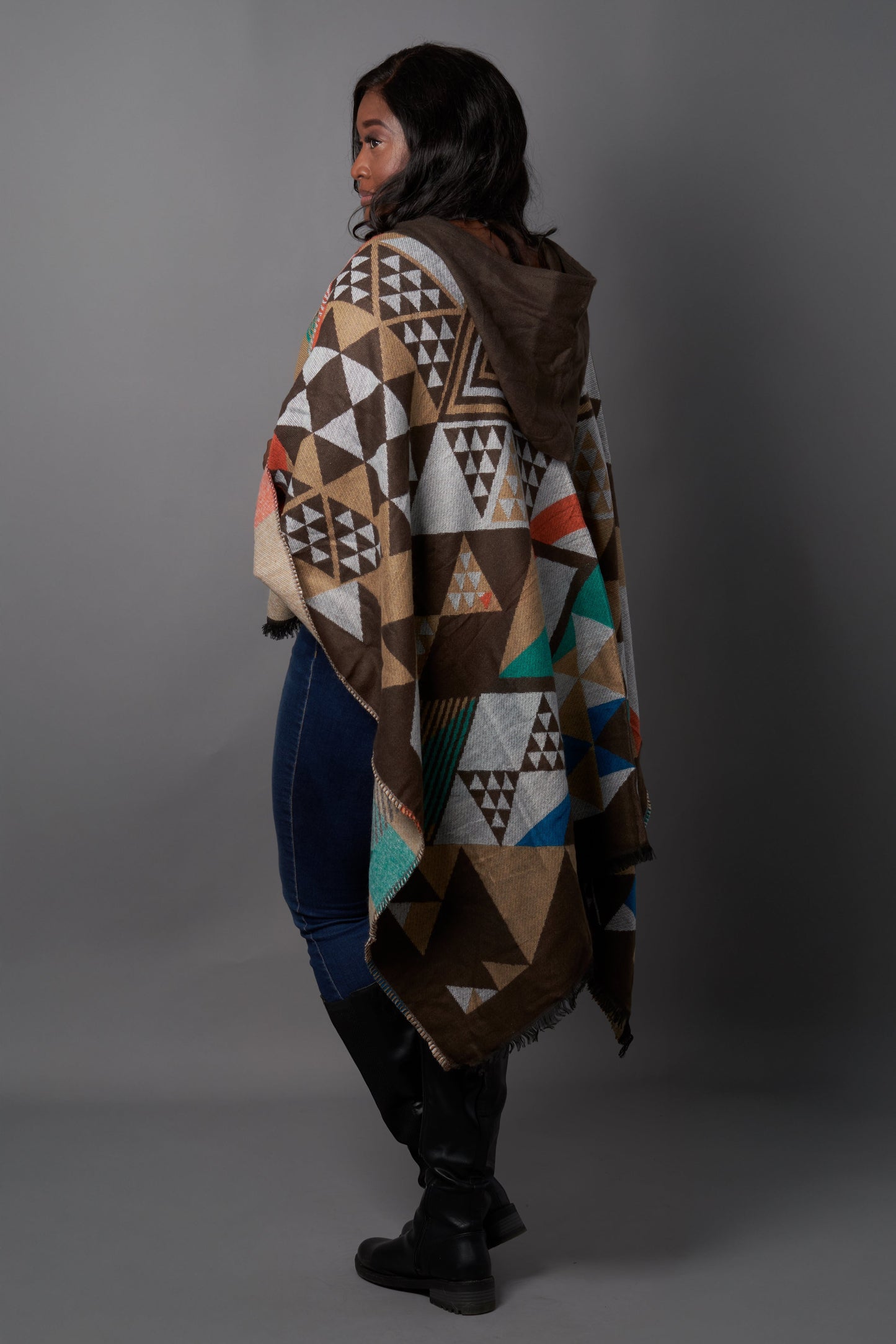 Hooded Earth-Colored Poncho Cardigan