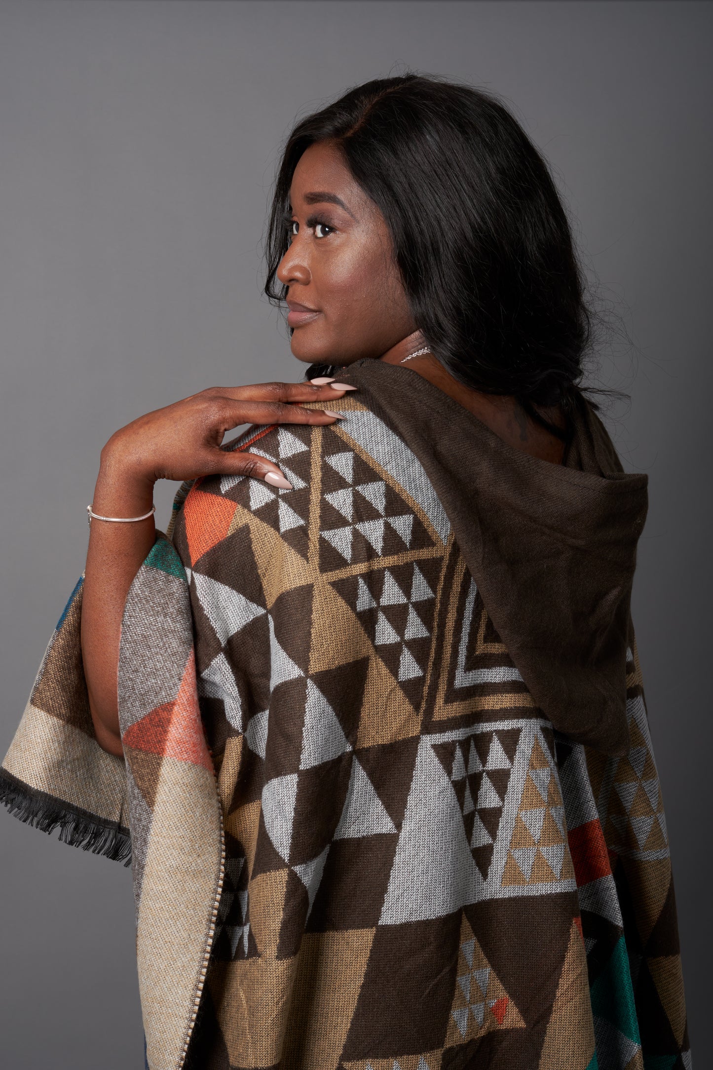 Hooded Earth-Colored Poncho Cardigan