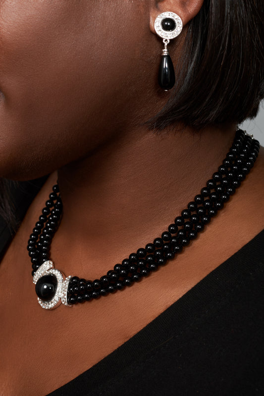 Black Beaded 3-Strand Statement Necklace Set