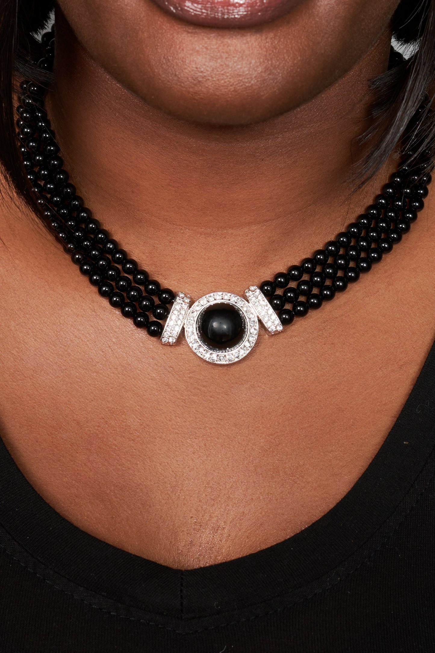 Black Beaded 3-Strand Statement Necklace Set