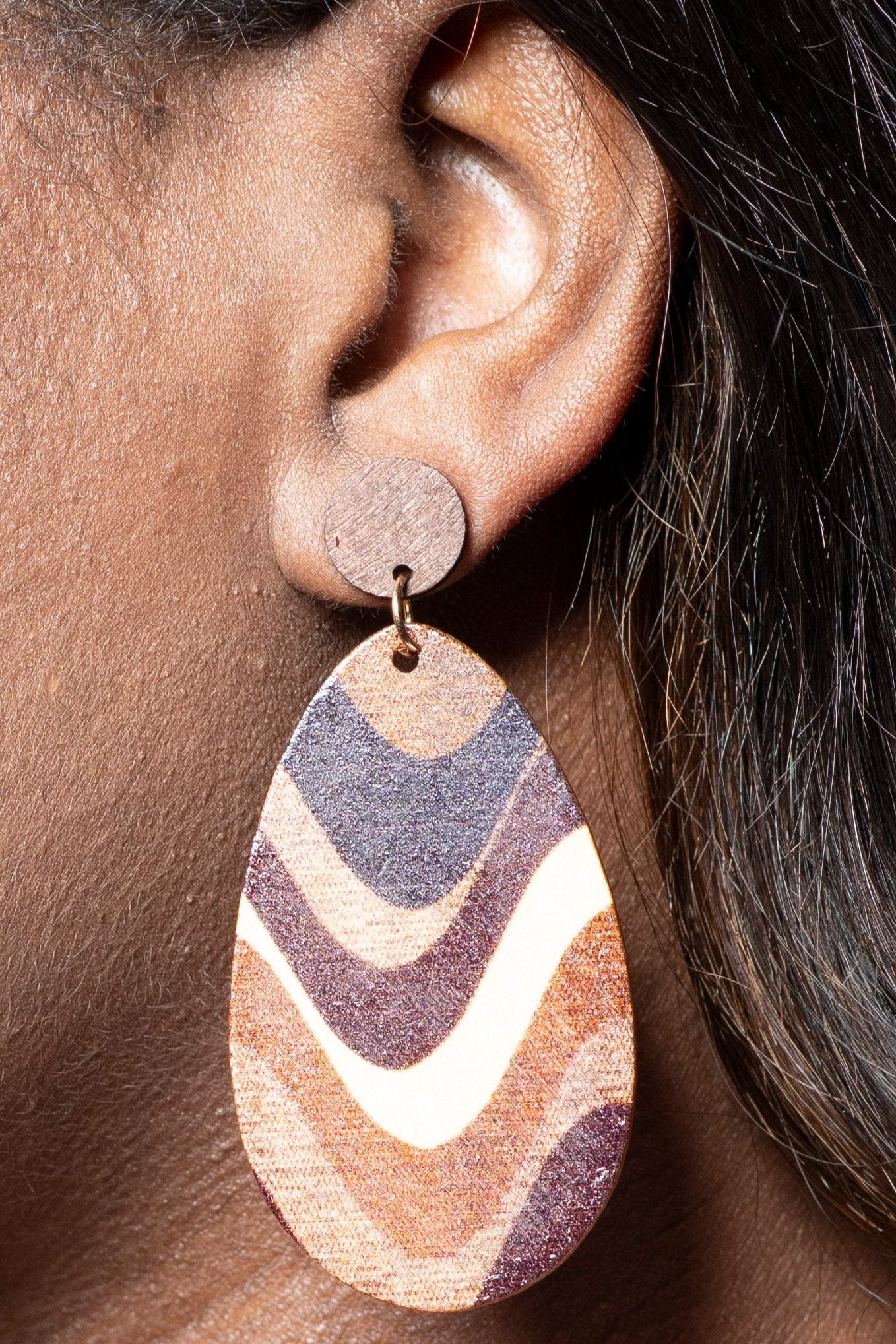 Wood Earth-Tone Swirl Tear Drop Earrings