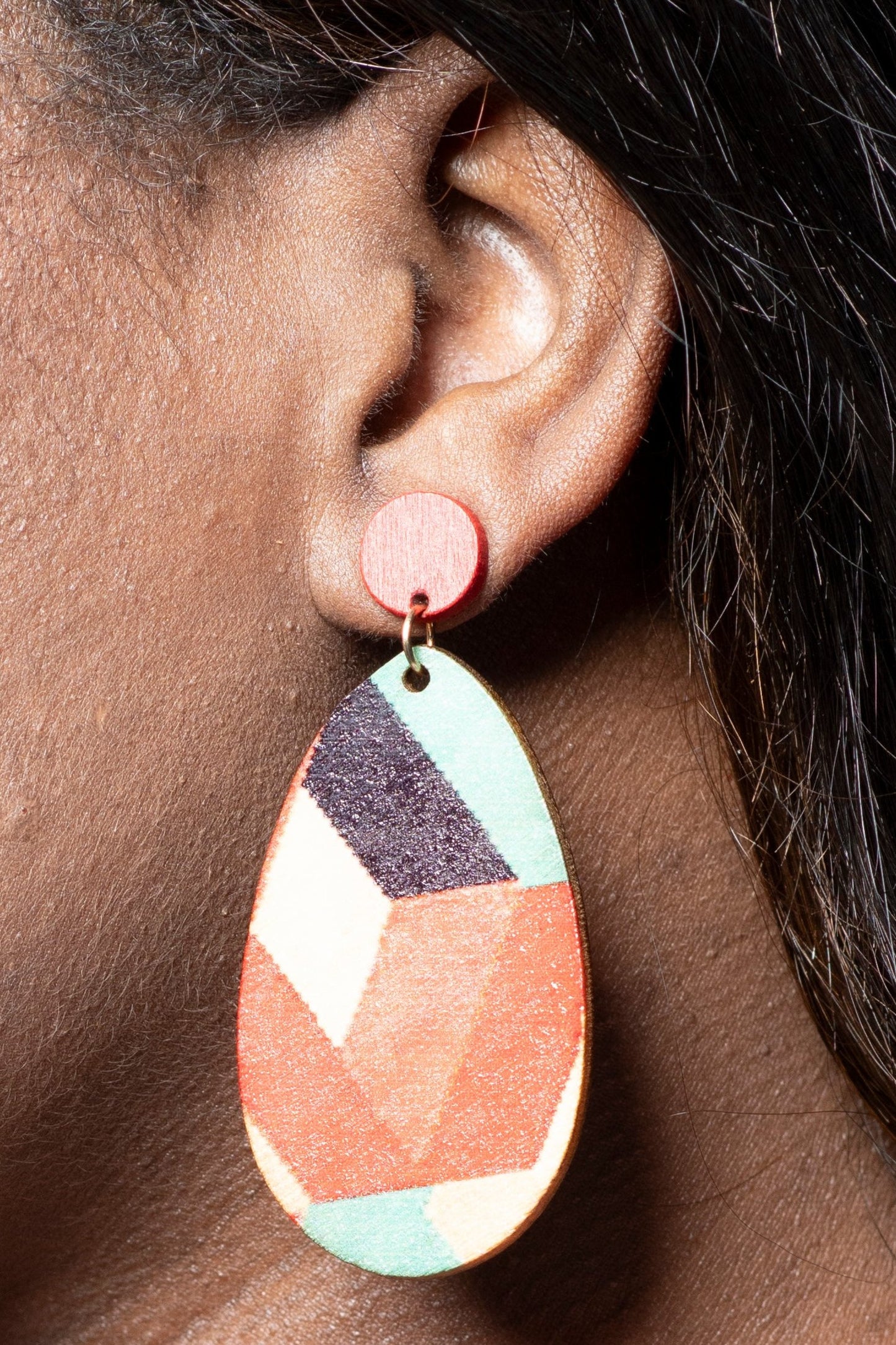 Wood Warm-Tone Graphic Tear Drop Earrings