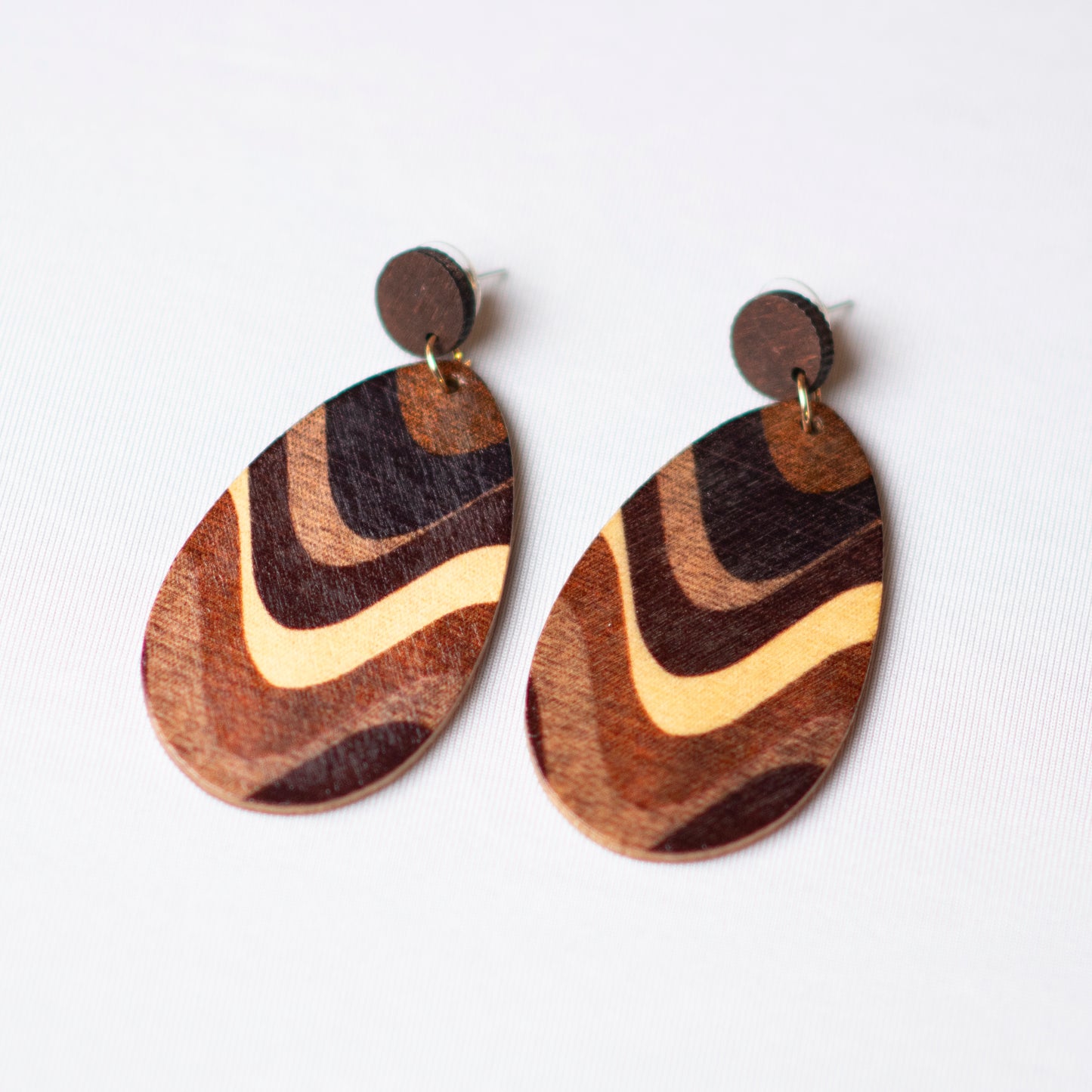 Wood Earth-Tone Swirl Tear Drop Earrings