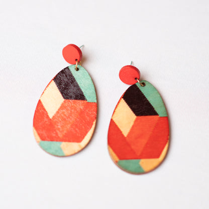 Wood Warm-Tone Graphic Tear Drop Earrings