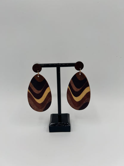 Wood Earth-Tone Swirl Tear Drop Earrings