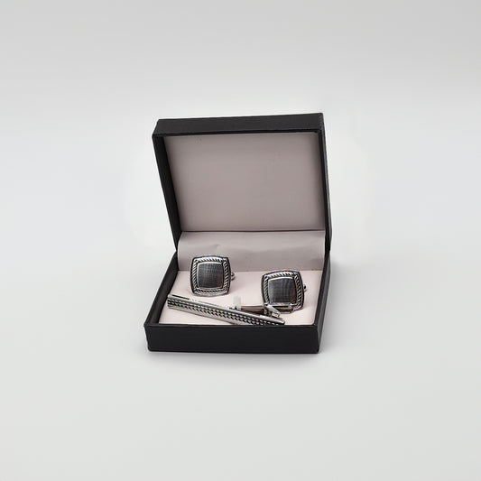 Silver Square Cufflink and Tie Bar Set