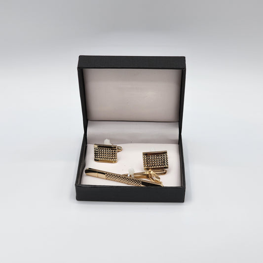 Gold textured Cufflinks and Tie Bar set